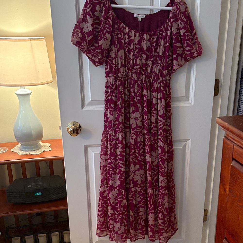 Patrons of Peace Burgundy and Cream Floral Midi Dress